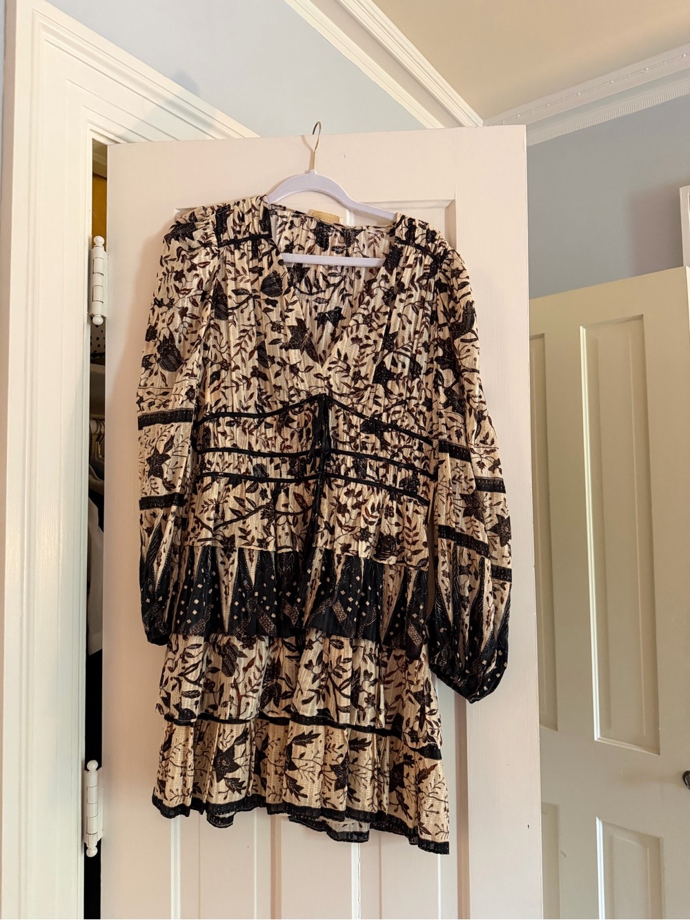 Ulla Johnson Cream and Black Floral Tiered Long-Sleeve Dress